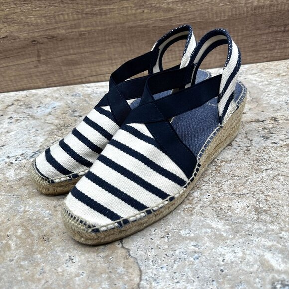 Toni Pons Origens Striped Espadrille Wedge Sandals Navy White Size 39 2.5" Heel - Picture 3 of 10